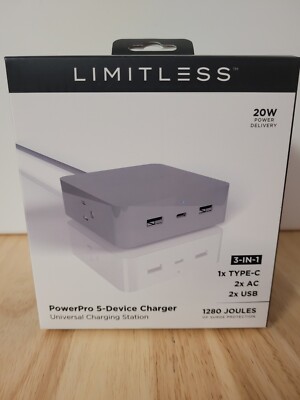 LIMITLESS PowerPro 5-Device (GRAY) Charger~USB,Type-C, AC & Surge Protection-NIB