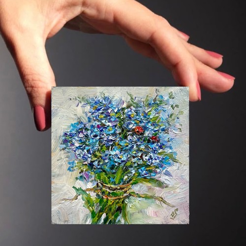 Bouquet Forget-me-not Original oil painting blue flowers floral art 4х4in - Picture 5 of 11
