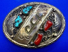 Signed Native Navajo Indian Turquoise Coral on Sterling Silver Belt Buckle