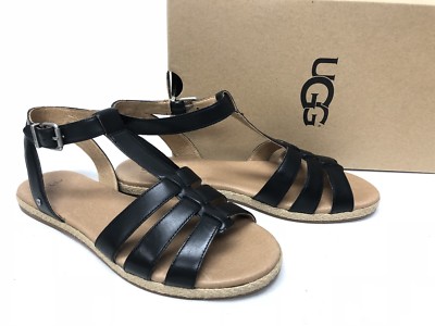 UGG フラットシューズBENTLIE DIAMOND QUILT 24、5 UGG Australia LANETTE Black LEATHER ANKLE STRAP SANDALS
