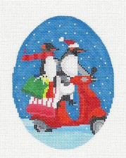 SP.ORDER  Christmas Penguins on Scooter HP Oval Needlepoint Canvas Scott Church