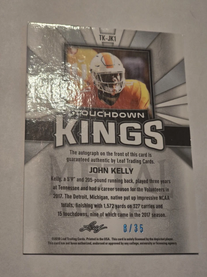 John Kelly 2018 Leaf Metal Draft Touchdown Kings Rookie Autograph Card 8/35 - Image 2 of 2