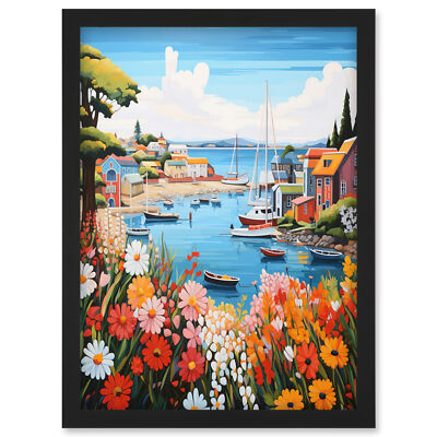 Idyllisches malerisches Fischerdorf am Meer hell Blumen Hafen gerahmter Kunstdruck A4