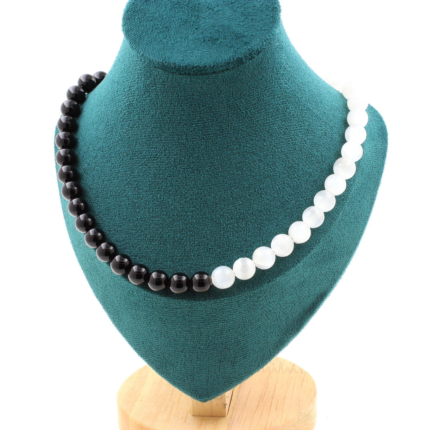Collier perles sélénite du Maroc agate noire 8mm chaîne pierres naturelles