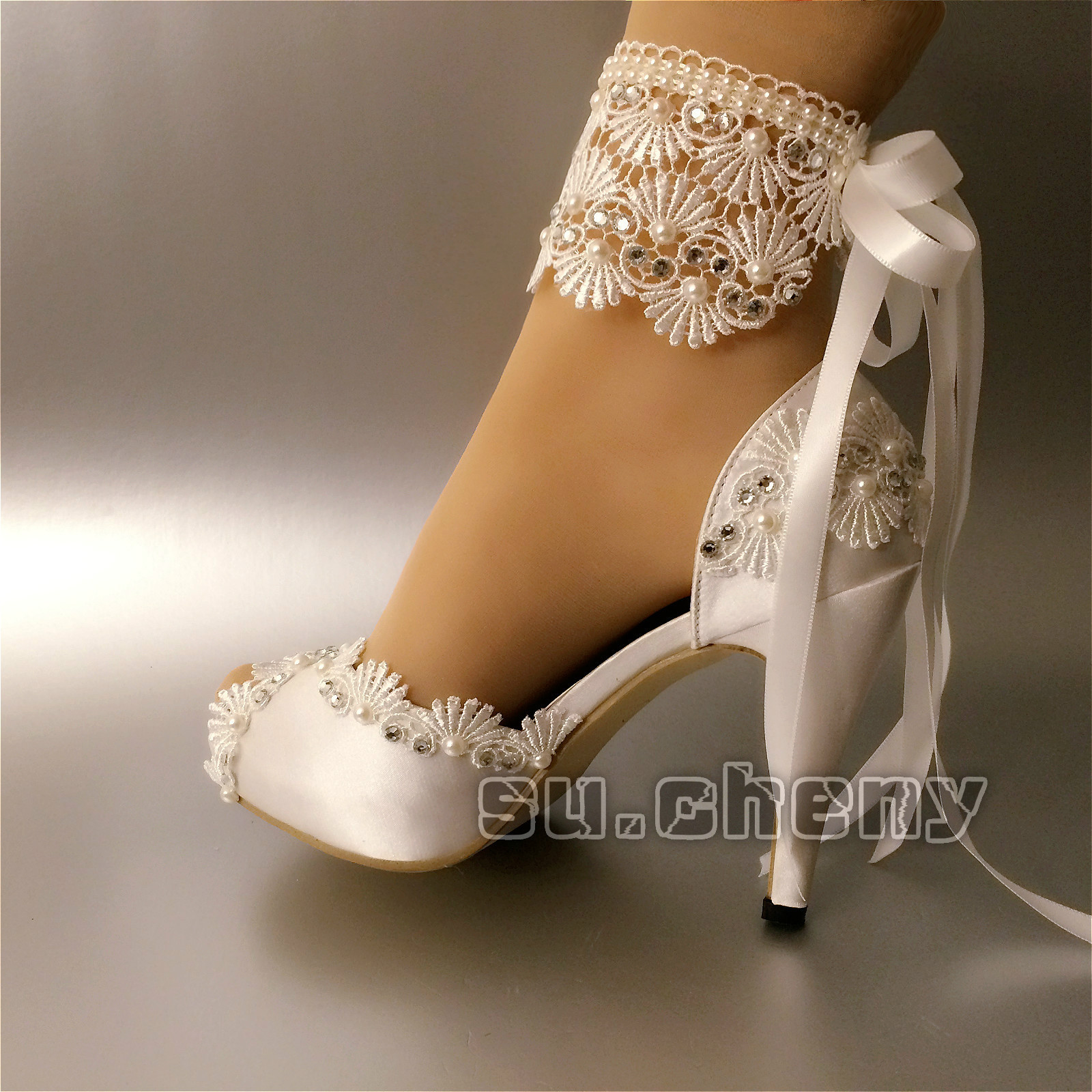 Unique WHITE IVORY Open Toe Wedding shoes Satin Bridal high heels evening 3heel