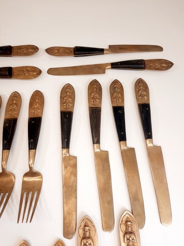 Vtg Siam Brass Wood Flatware Thailand 37 Serving Utensils Knives Forks Spoons - Picture 4 of 12