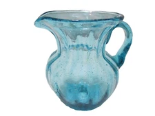 Vintage Hand Crafted Art Glass Miniature Pitcher Vertical Ribbed Blue 2 7/8" T