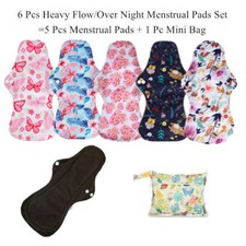 6 PCS Bamboo Charcoal Reusable Sanitary Washable Menstrual Cloth Pads Reusable