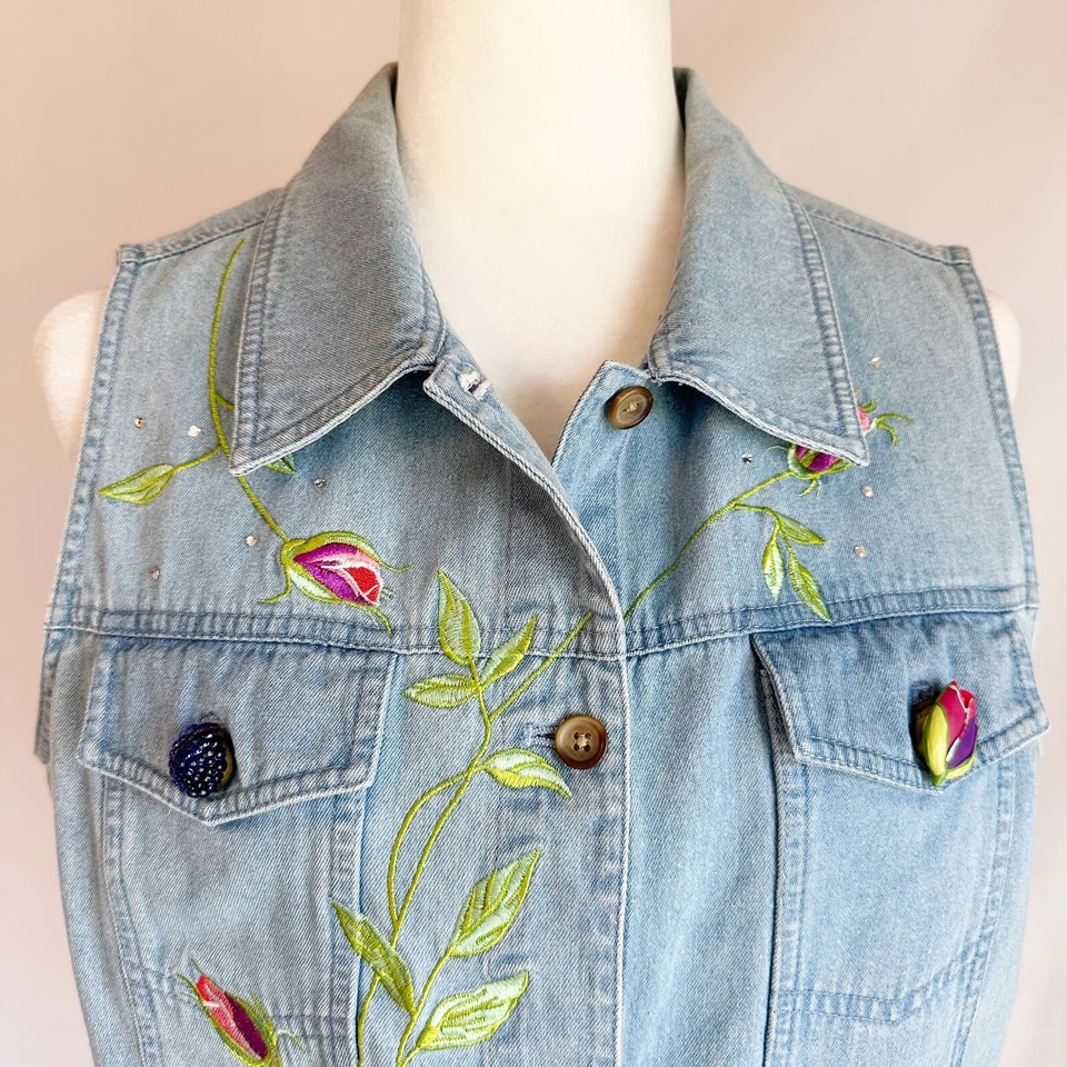 Vintage The Quaker Factory Floral Embroidered Rhinestone Blue Denim Vest Medium - Image 2 of 4
