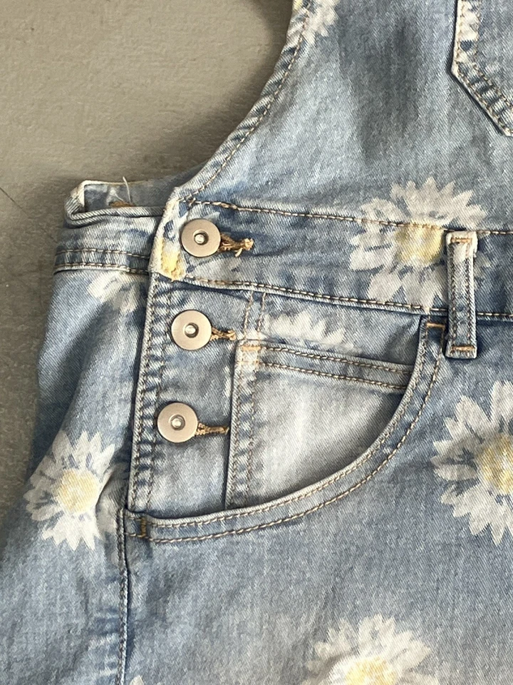 Mujeres XL 15-17 Denim Floral Babero Mono Pantalones Cortos Años 90 Y2K Grunge Azul Foto 4 de 4