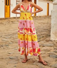 Farm Rio Tiered Maxi Dress L Floral Patchwork Check Long Bohemian Style NEW