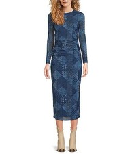 Clearance Size L Reba Long Sleeve Fitted Faux Denim Patchwork Maxi Mesh Dress