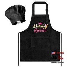 Kid Apron and Chef Hat Set 2Pcs Adjustable Black Baking Queen Children Utility