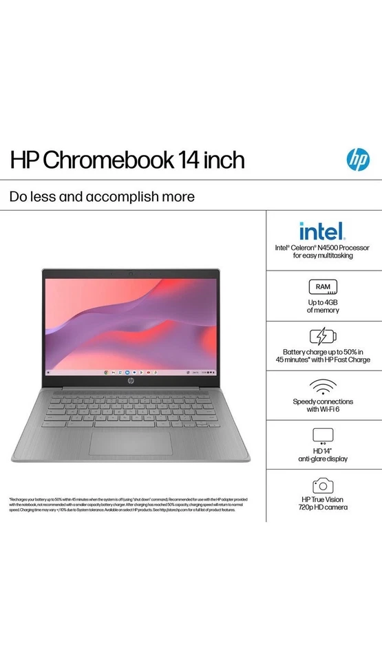 HP Chromebook 14a-ne1000na Intel Celeron N4500 35.6 cm (14inch) HD 4 GB LPDDR... - Image 2 of 4