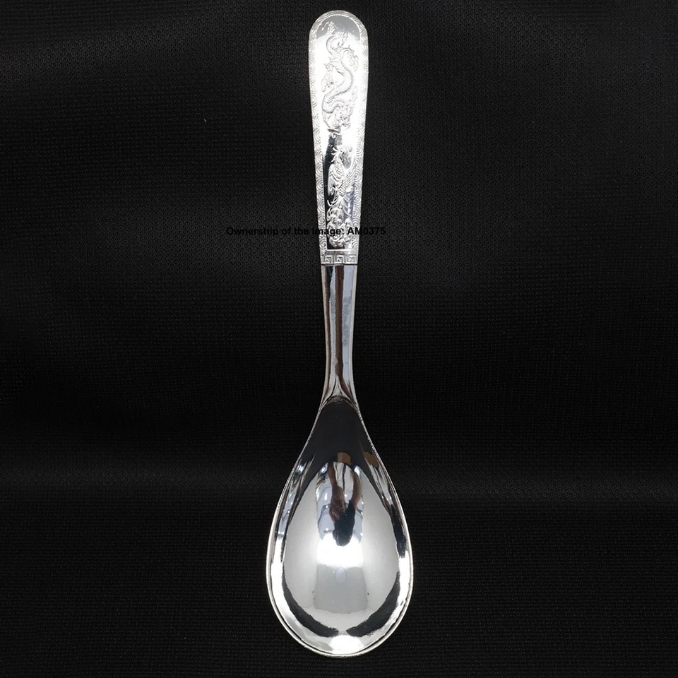 Pure 999 Fine Silver Soup Spoon Flatware DragonPhoenix Handle Dinner Spoon 4.72" - Image 4 of 4