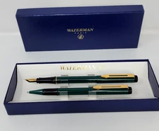Vtg Waterman Green Fountain Pen Gold Plate Nib / Ballpoint Set No Ink