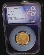 1834 Plain 4 Classic Head Gold Half Eagle $5 NGC AU 55 Purple Core