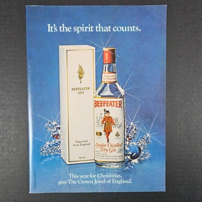 1982 Beefeater London Distilled Dry Gin Vintage Print Ad Holidays Christmas Bar