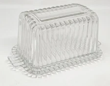 Vintage Clear Ribbed Pressed Glass Butter Dish w/ Lid Beaded Edge 1940s No Damag