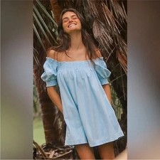 FREE PEOPLE Moana - size MEDIUM - Puff Sleeve Mini Dress in Powder Blue - NEW