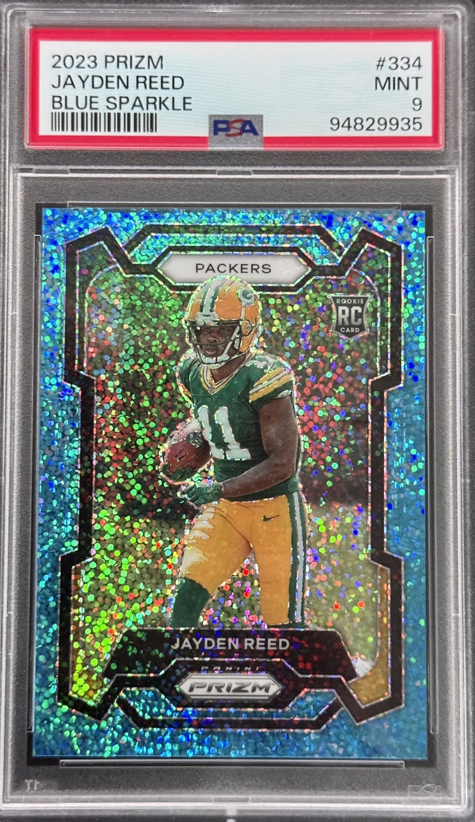 2023 Panini Prizm Jayden Reed Rookie Blue Sparkle 67/96 #334 PSA 9 MINT