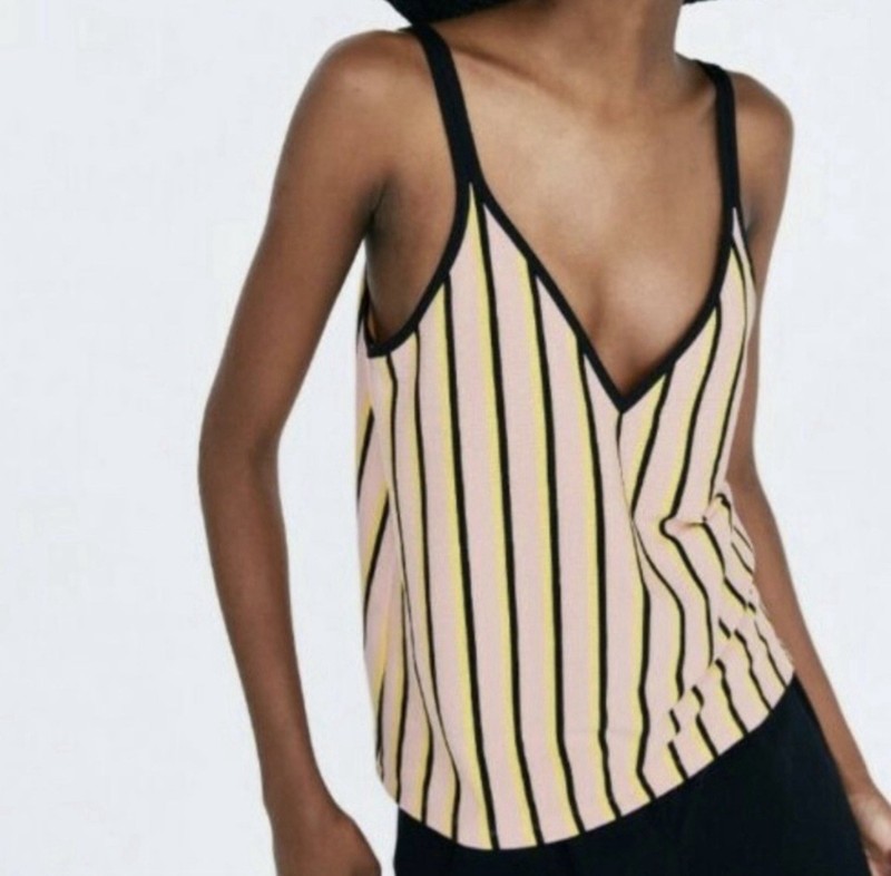 Zara Ribbed Striped V Neck Tank Top Women’s Small Pink Yellow Black
