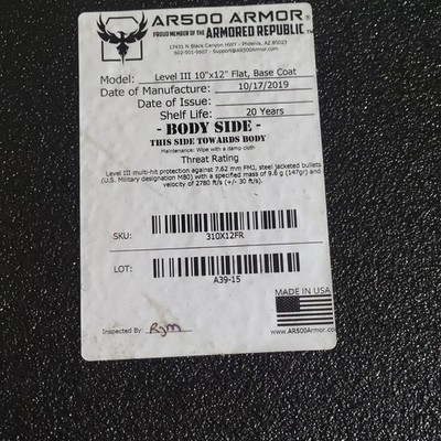 AR500 Armor Level III 10x12 Flat Steel Plate Base Coat Multi-hit Black Chest