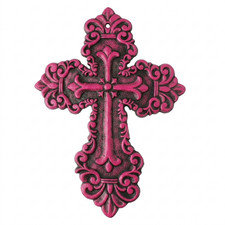 Rustic Pink Cast Iron Wall Cross Fleur De Lis Layered Floral Design 11 x 8 inch