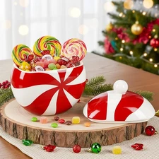 Jetec Ceramic Christmas Candy Jar with Lid Red White Swirl Cookie Jar Decorative