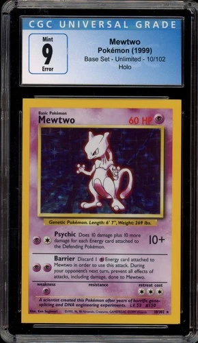 Pokemon Mewtwo Base Set Unlimited Holo Rare #10 Square Cut Error CGC 9 Mint