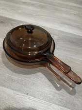 VISIONS Corning Amber Glass Cookware Saucepan W/ Lid + Frying Pan Vintage USA