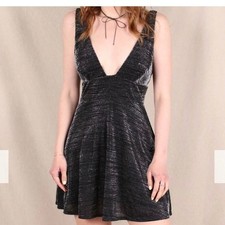 Urban Outfitters Metallic Skater Dress Black Silver Deep V Neck Mini Large