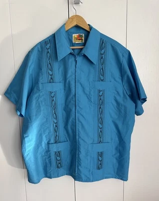 Vintage Haband Guayabera Shirt Blue Black Embroidery Retro Vacation Casual - Image 1 of 4
