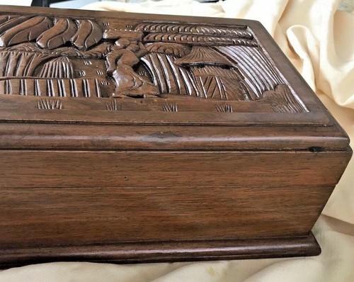 Caja de joyería antigua de madera tallada a mano con bisagras - Imagen 8 de 12