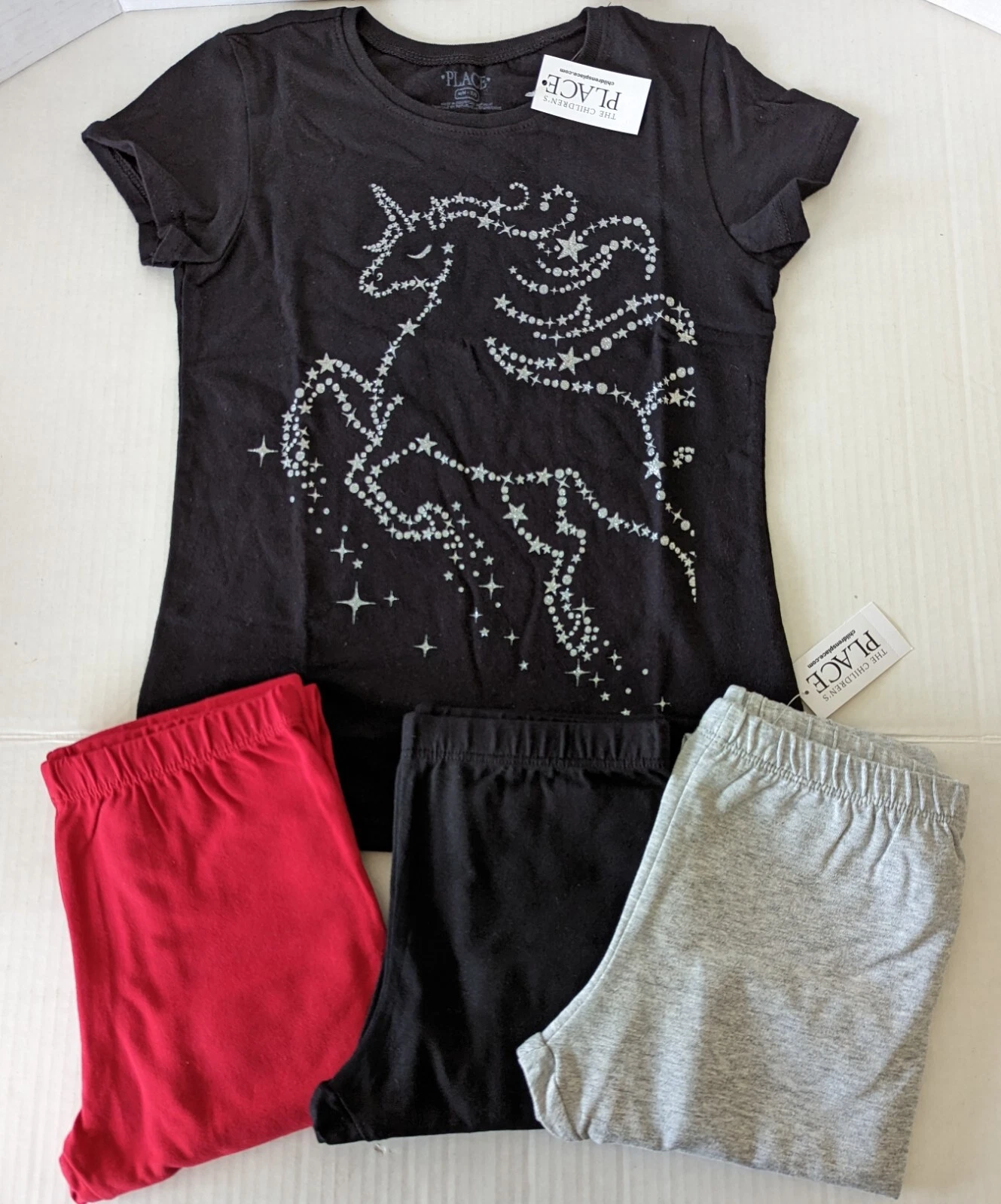 NEW The Children's Place Girl's Medium 7/8 S/S Unicorn Shirt & 3 Pair Leggings