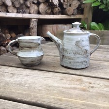 Vintage Grey Marl Glazed Small Studio Pottery Teapot & Milk Jug