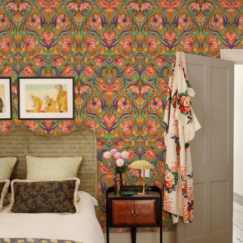 2 Rolls Orange Boho Floral Peel And Stick Wallpaper 17.3"X236" Room Office Decor