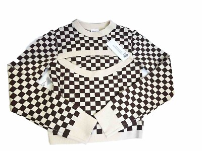 Anthropology Find Me Now Cut Out Sweater Presley Checkerboard Cream Brown Size M