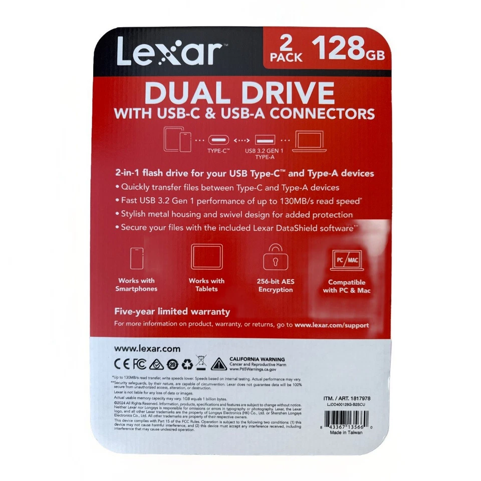 Unidad flash doble Lexar 128 GB 2 en 1 USB-C y USB-A, Mac-Android-PC – PAQUETE DE 2 Foto 2 de 4