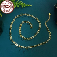 Adjustable Gold Plated Heart Tennis Chain Link Necklace Sterling 925 Silver Gift