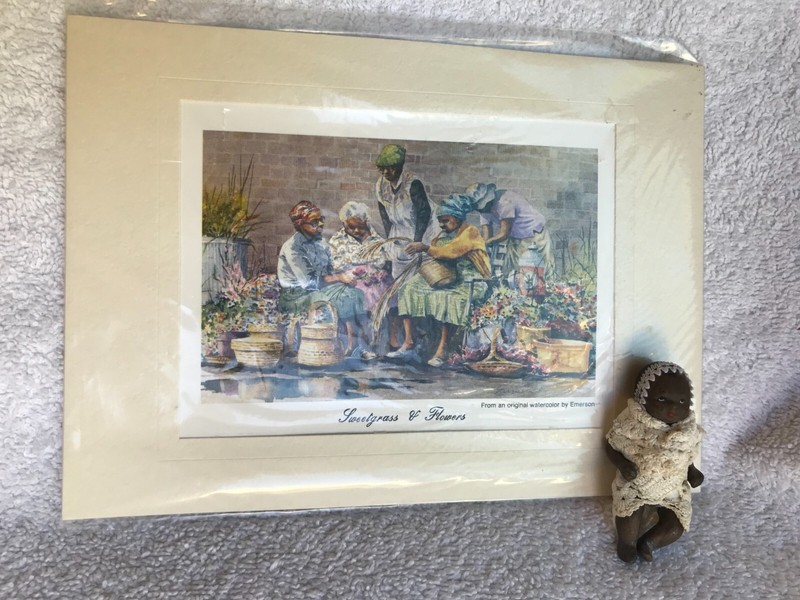 Vintage Print Sweetgrass & Flowers by Emerson & Mini Jointed Black Baby Doll
