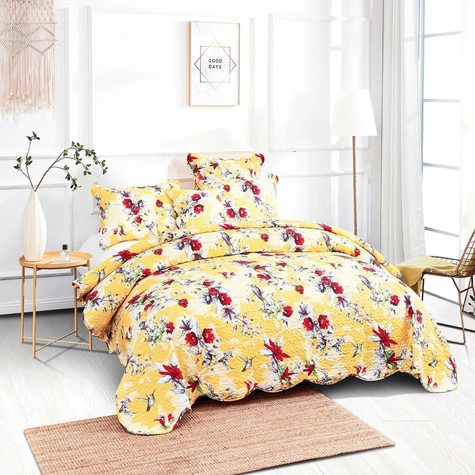 DaDa Bedding Yellow Red Hummingbirds Floral Botanical Scalloped Bedspread Set - Image 2 of 4