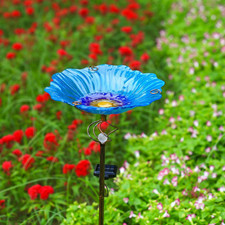 Solar Glass Blue Bird Bath Yard Art Garden Ou...