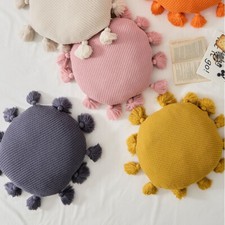 Round Knitted Throw Pillow with Tassel Pom Pom Bedding Sofa Waist Cushion