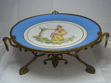 HAND PAINTED PORCELAIN PLATE CENTERPIECE ORMOLU BRASS Old Paris France ca1870s