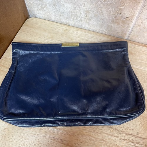 Vintage 80s Navy Blue Leather Clutch Purse Hand Bag Zipper Gold Brass Minimalist - Picture 17 of 24