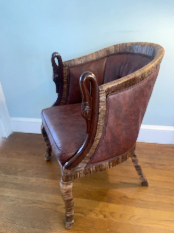 Английский стул со спинкой из красного дерева оригинальный кожаный резной лебедь подлокотник ротанг - Изображение 2 из 4