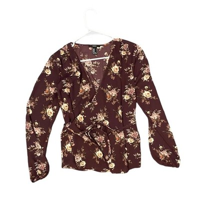 Forever 21 Floral Wrap Shirt Forever 21 Maroon Floral Printed Long