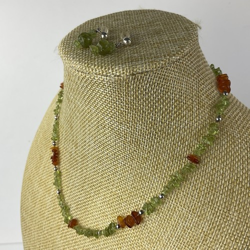 Vtg Artisan Green Peridot & Amber Sterling Silver Beaded Necklace Gift Earrings - Picture 17 of 20