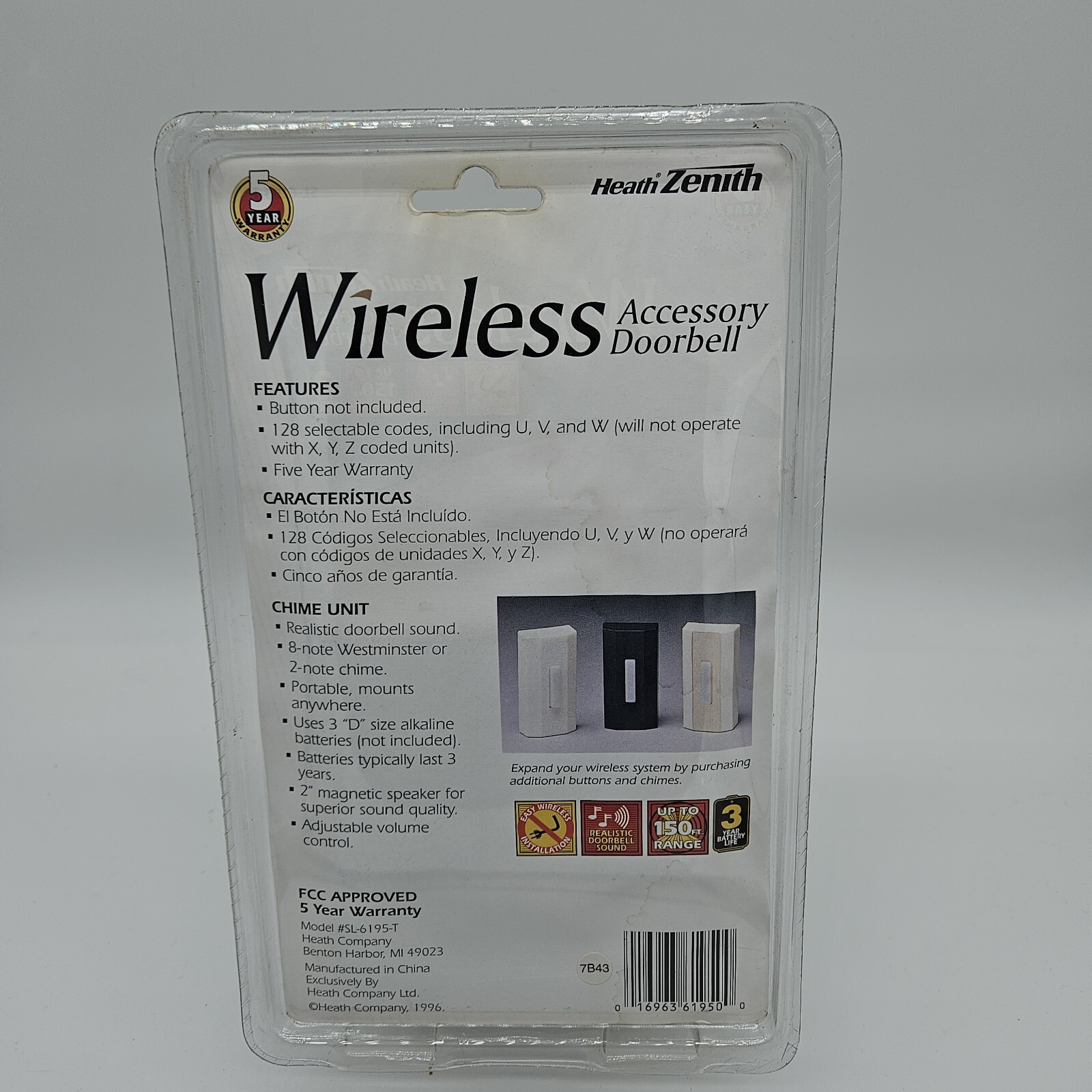 Heath Zenith Wireless Accessory Doorbell Westminster Chime SL-6195-T 1996 NOS
